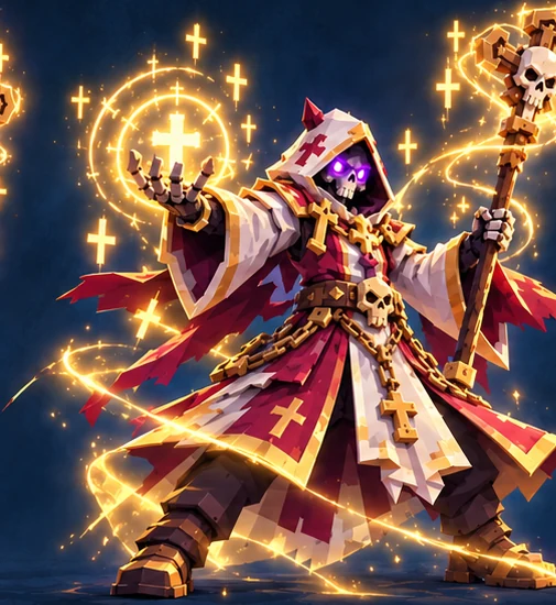 The Priest raising a golden holy staff