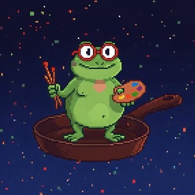 PhriedFrog: a pixel-art frog artist in a frying pan holding brushes and a palette