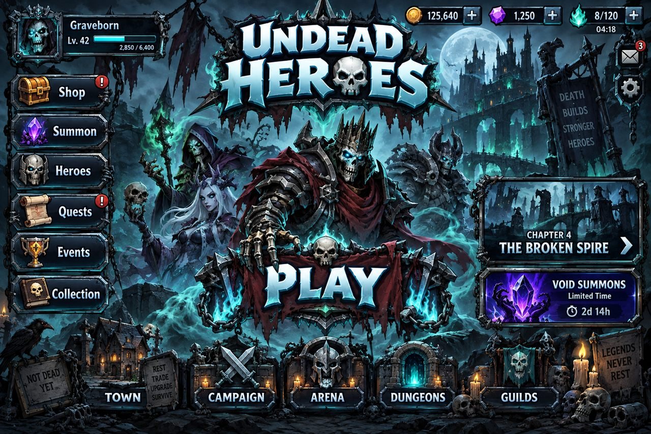 Undead Heroes main menu: an armoured skeleton king and undead heroes in front of a haunted castle